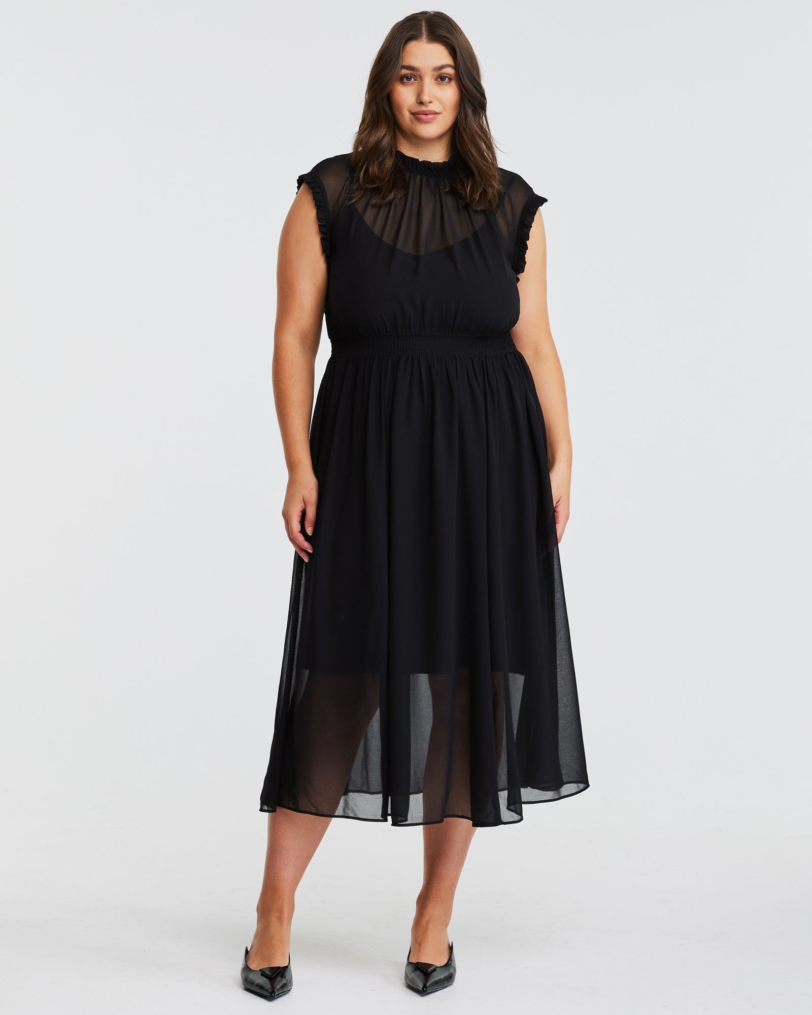 Sheer Frill Midi Dress - Black - Estelle Clothing
