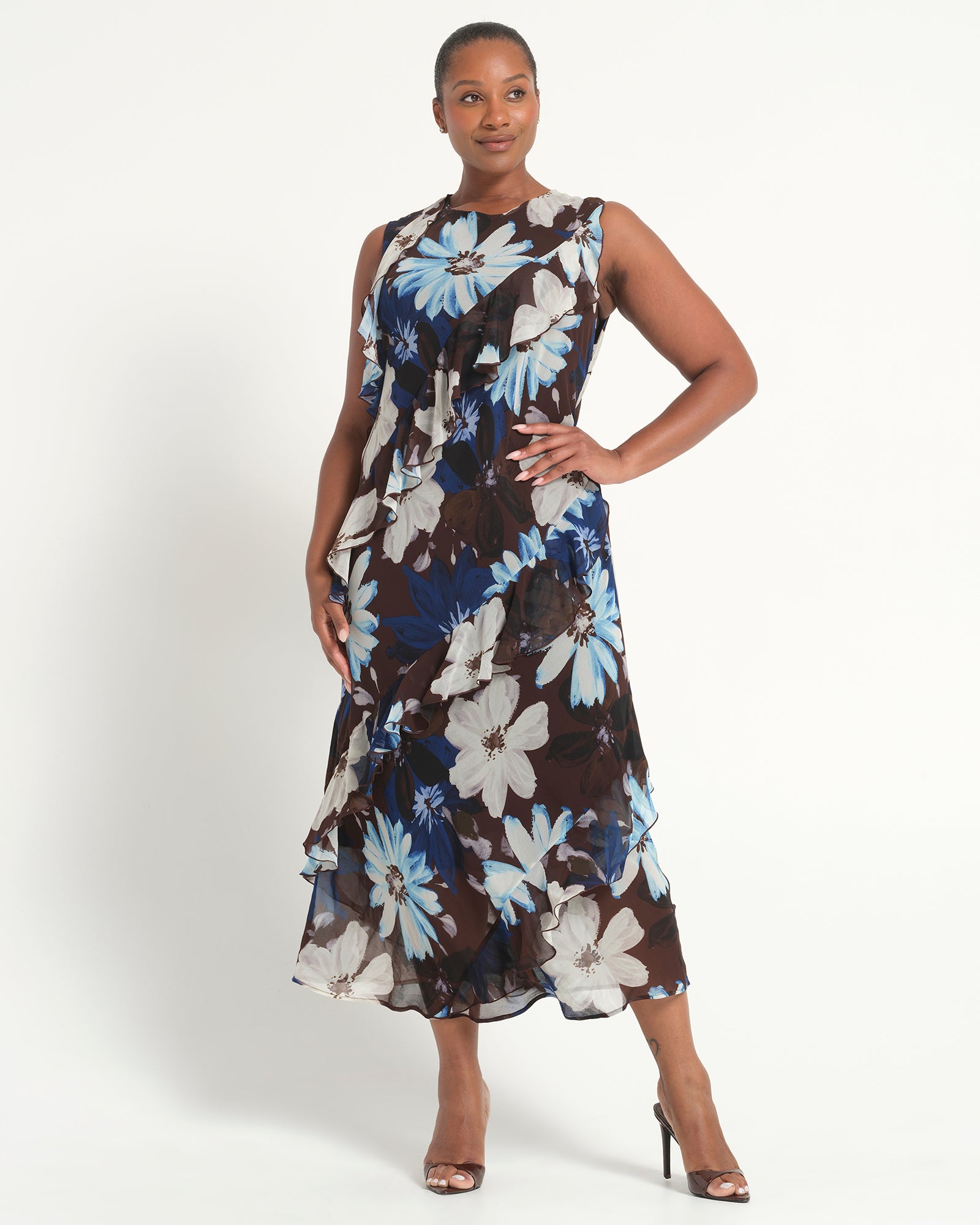 estelle dresses Estelle Women's Plus Sizes Aveline Floral Ruffle Sleeveless Midi Dress