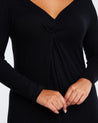 A versatile women's Florentine Black Long Sleeve Midi Knit Dress with a knotted neckline.