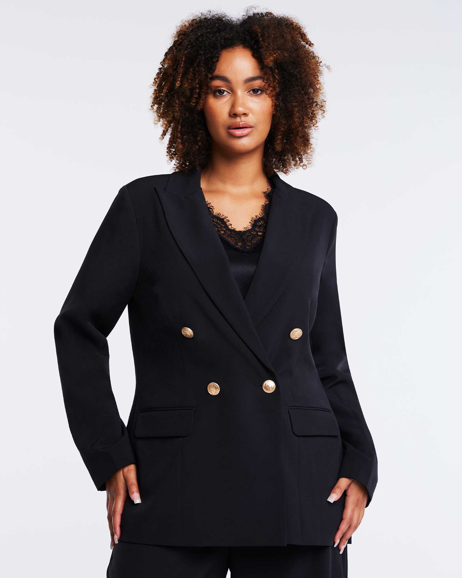 Women's black double breasted shop blazer with gold buttons